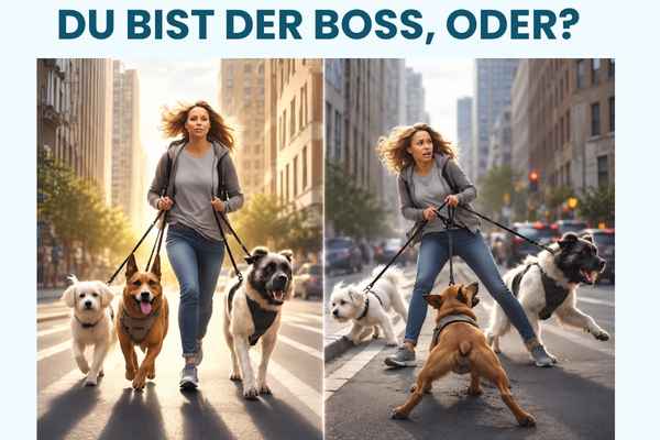 Frau führt drei Hunde an der Leine, einmal geordnet, einmal Chaos.