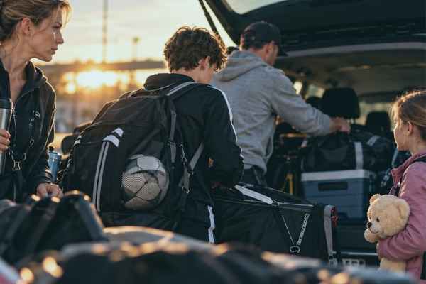 Sportfamilie beim Auto packen vor Wettkampf.