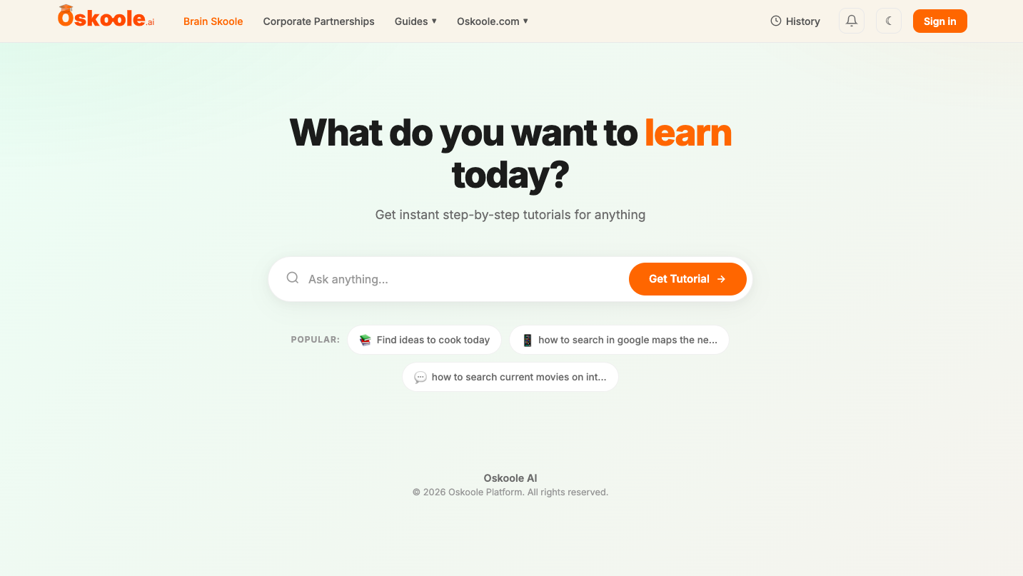 The Oskoole question screen: What do you want to learn today?