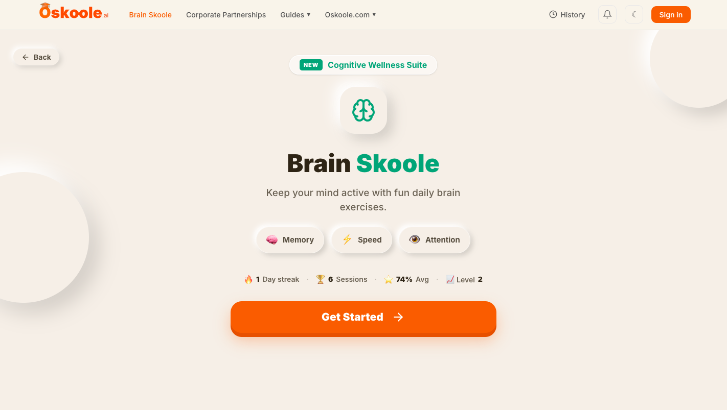 The Brain Skoole screen: daily memory, speed and attention exercises.