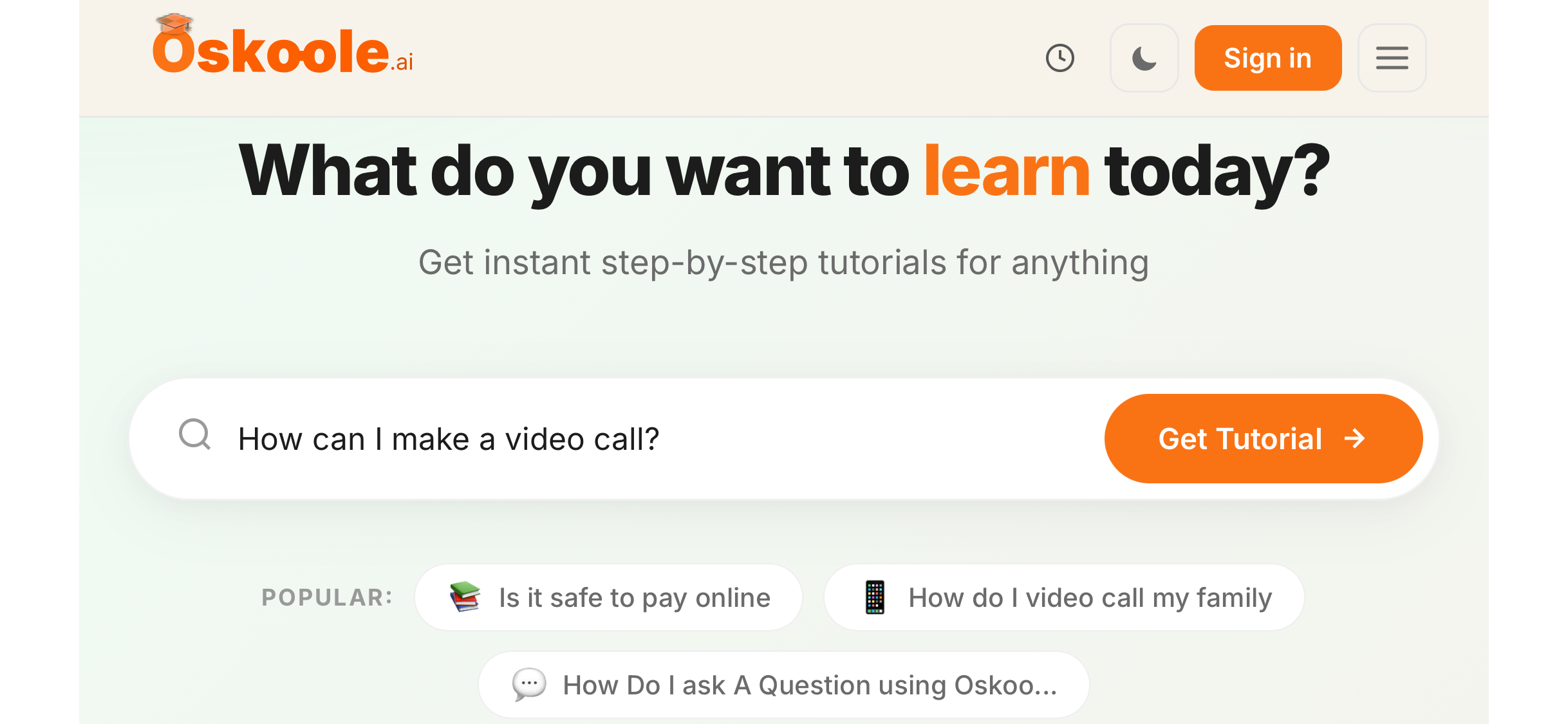 The Oskoole home screen, with the question How can I make a video call typed into the box.