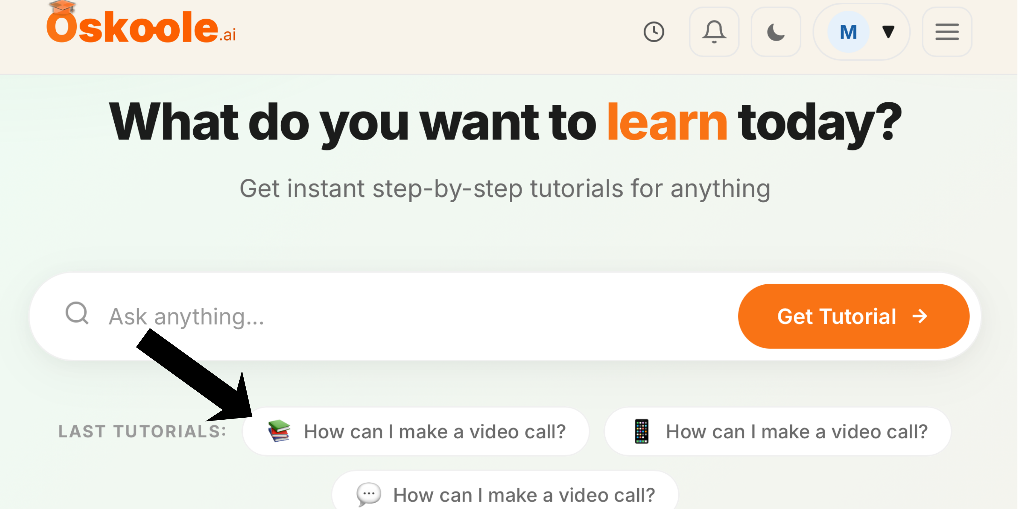 The Oskoole home screen, with an arrow pointing to the list of your last tutorials.