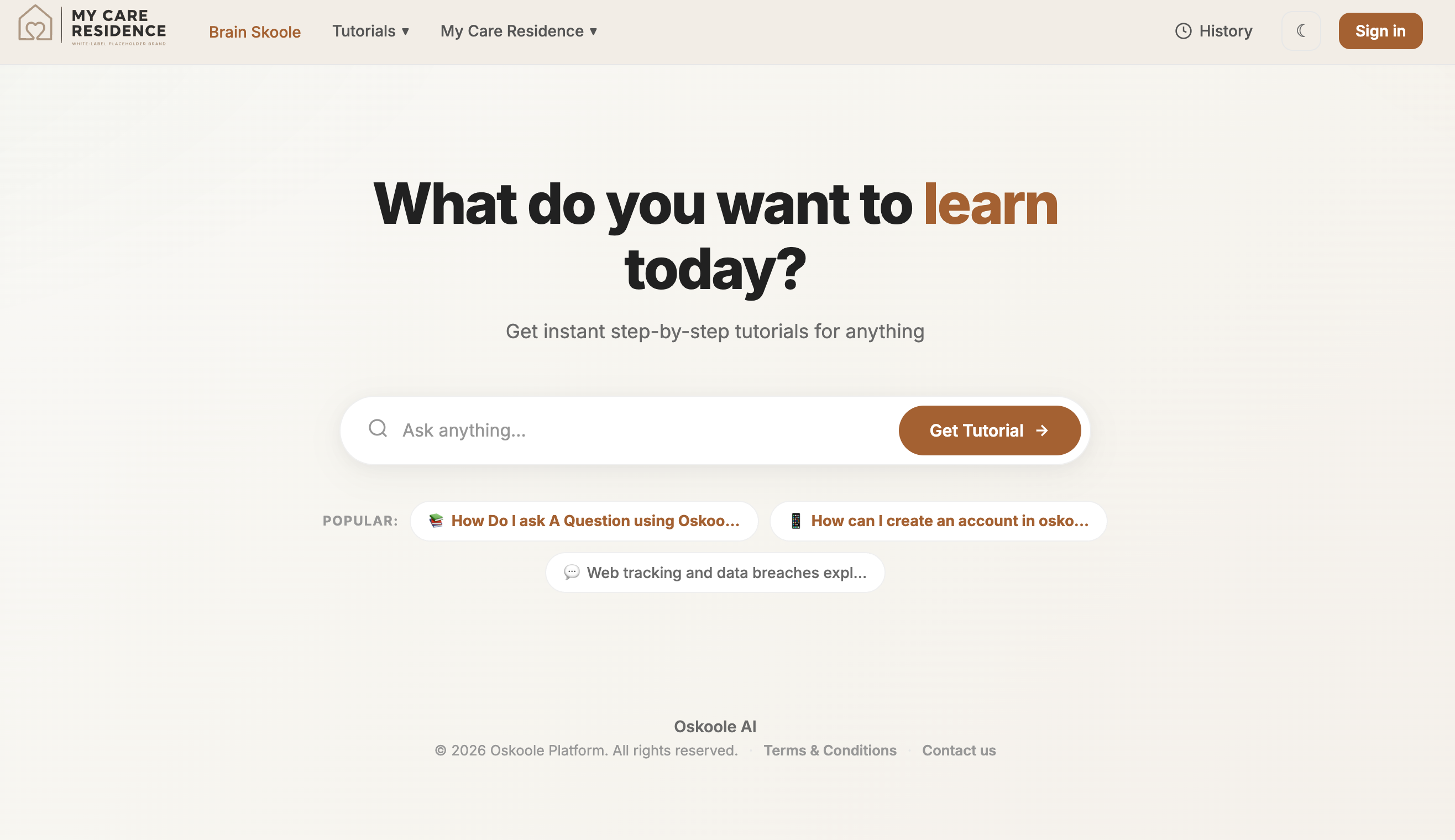 The same question screen rebranded as My Care Residence, a demo partner site with its own logo and colours.