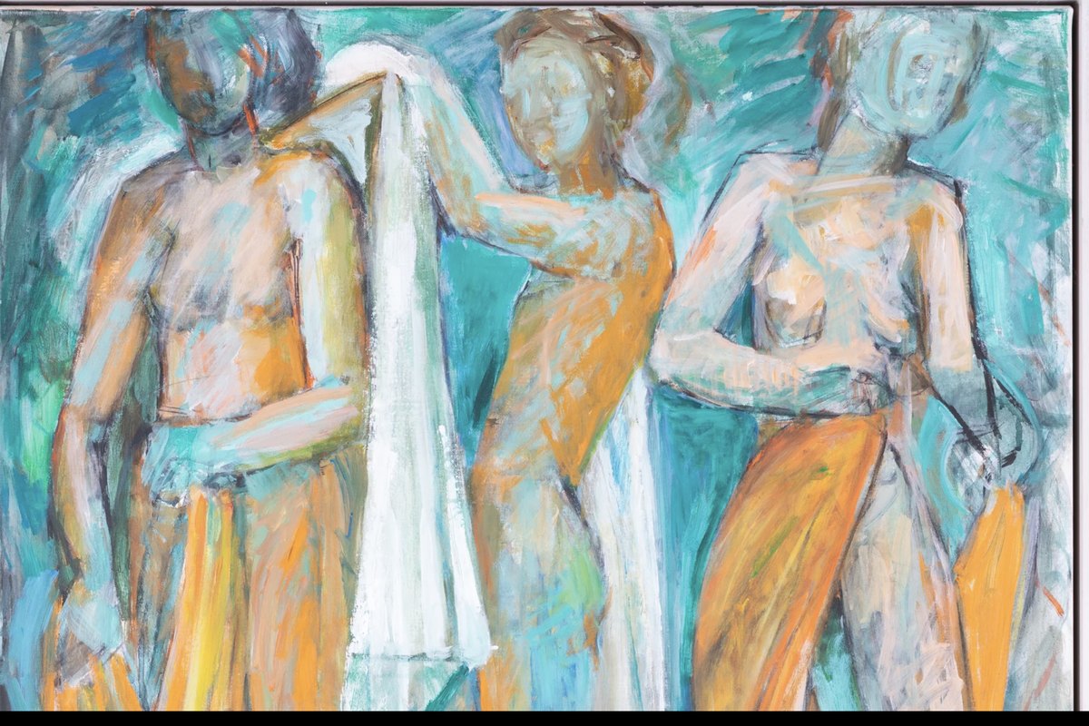 Painting by Elspeth Noxon, three figures in teal and orange