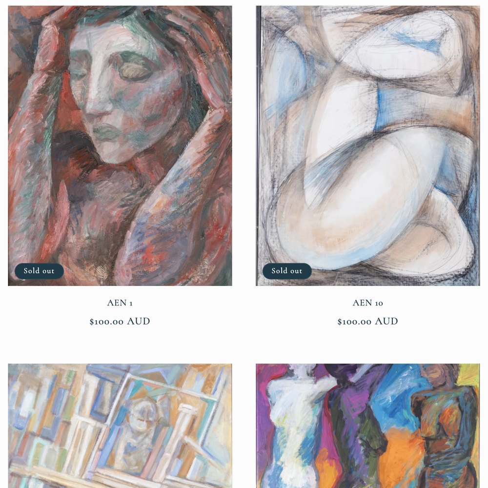 An online shop showing paintings with prices and sold out labels