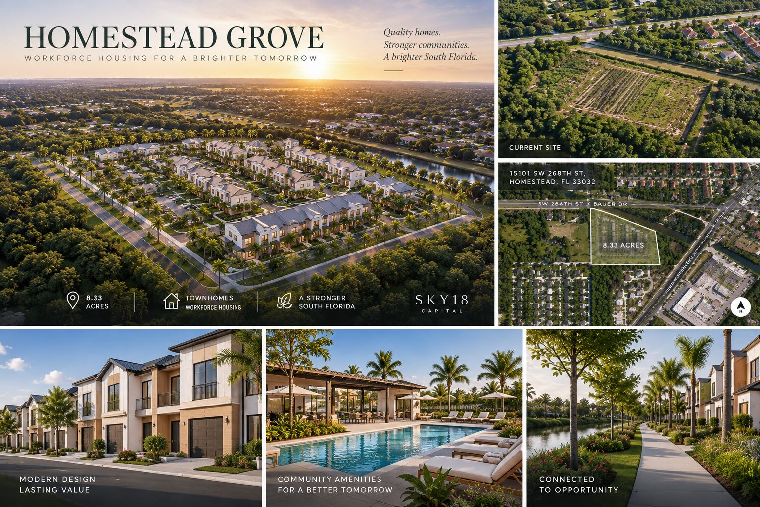 Homestead Grove — workforce housing development concept showing townhomes, community amenities, current site, and location map at 15101 SW 268th St, Homestead, FL 33032
