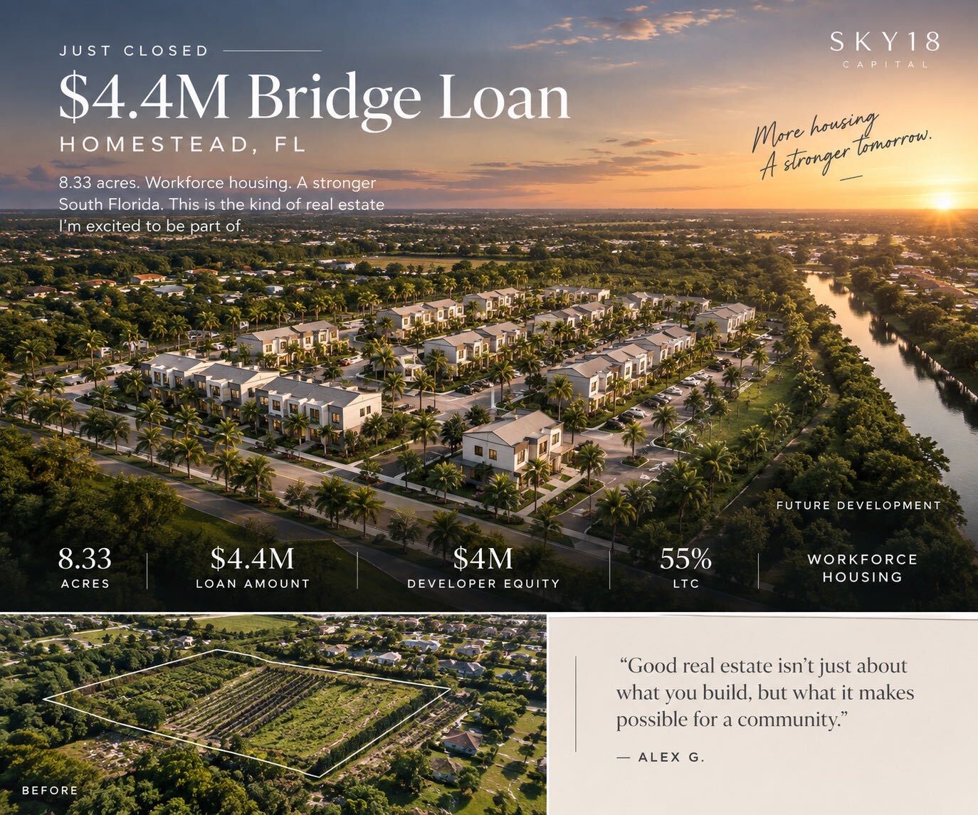 Just Closed — $4.4M bridge loan for an 8.33-acre workforce housing development in Homestead, FL, with 8.33 acres, $4.4M loan amount, $4M developer equity and 55% LTC