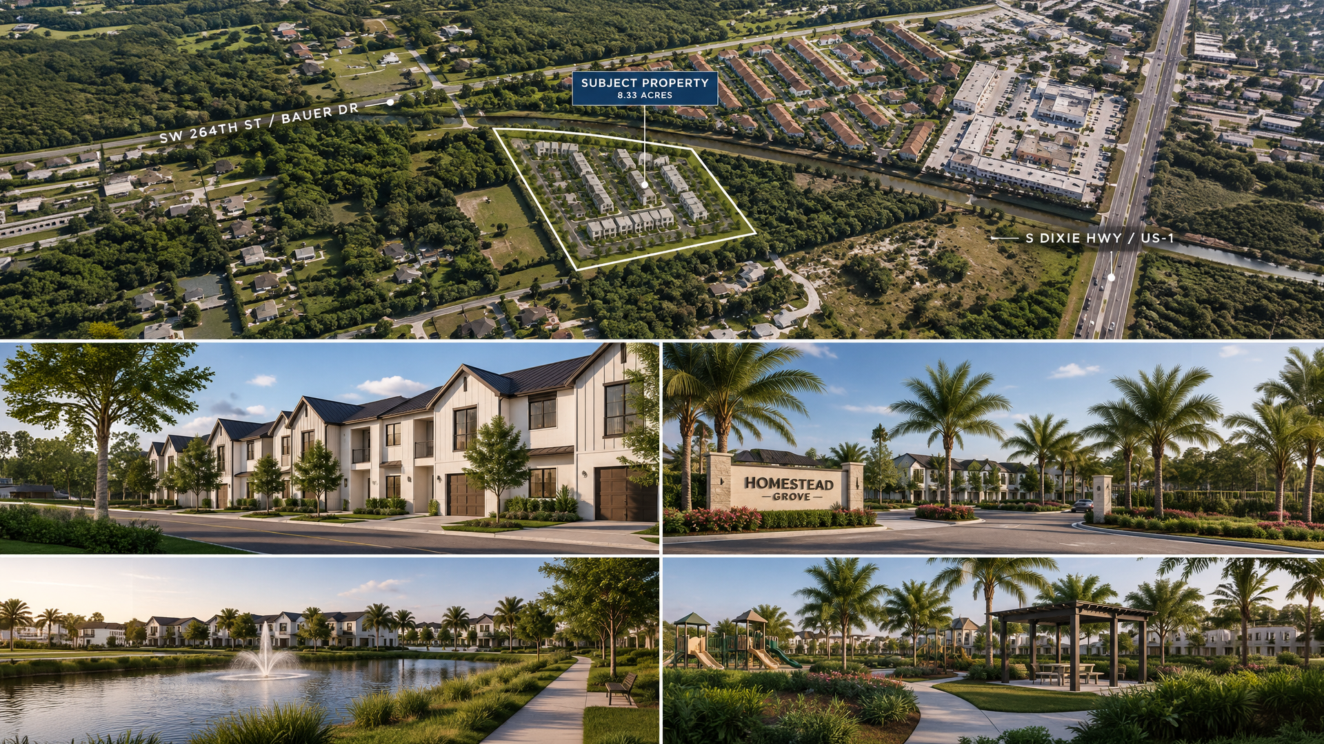 Aerial view of the 8.33-acre Homestead Grove subject property with development renderings — townhomes, community amenities, and location between SW 264th St / Bauer Dr and S Dixie Hwy / US-1
