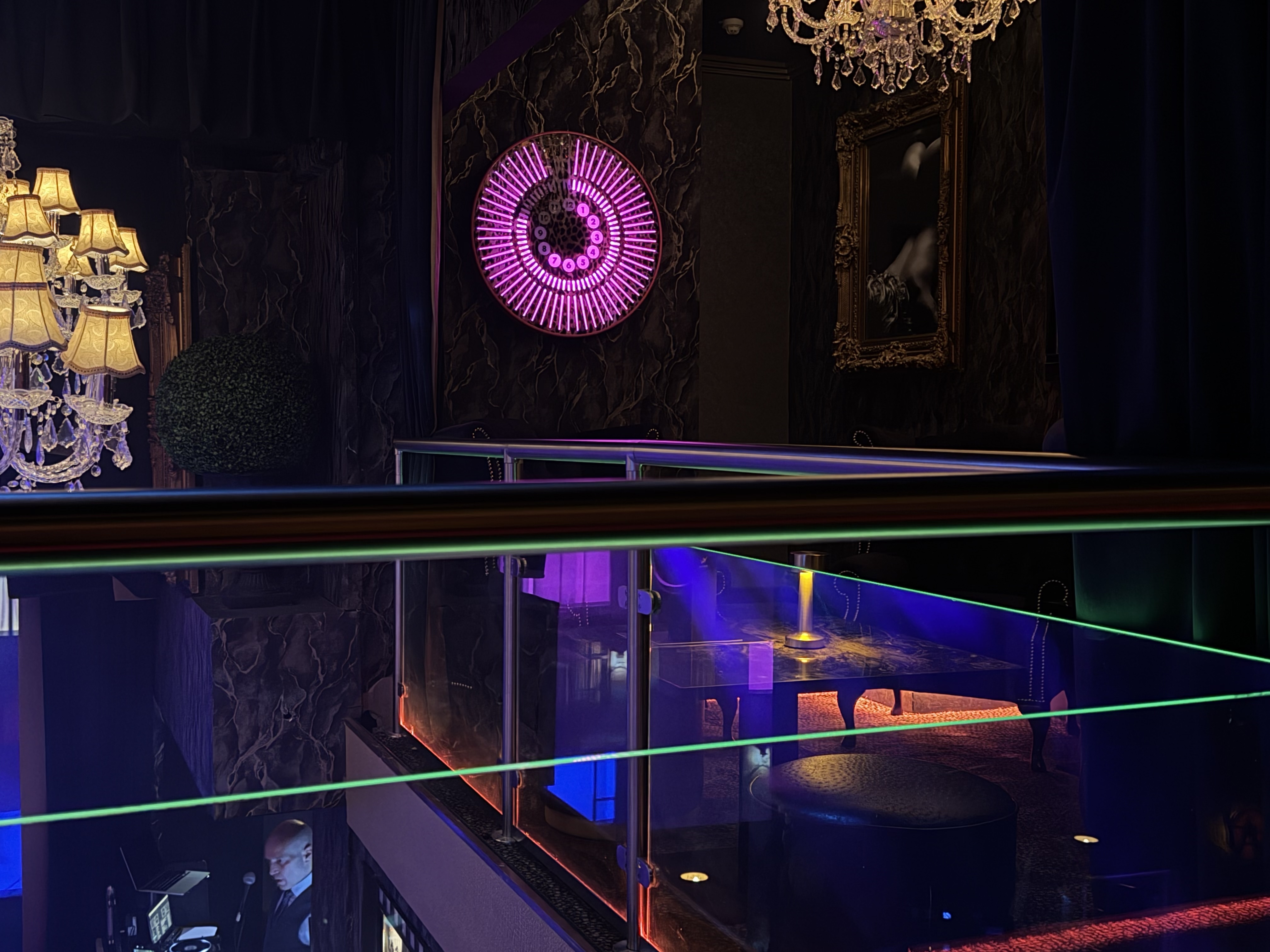 wide shot with pink light of tempus clock at Spearmint Rhino Windmill soho london by Ben  Rousseau