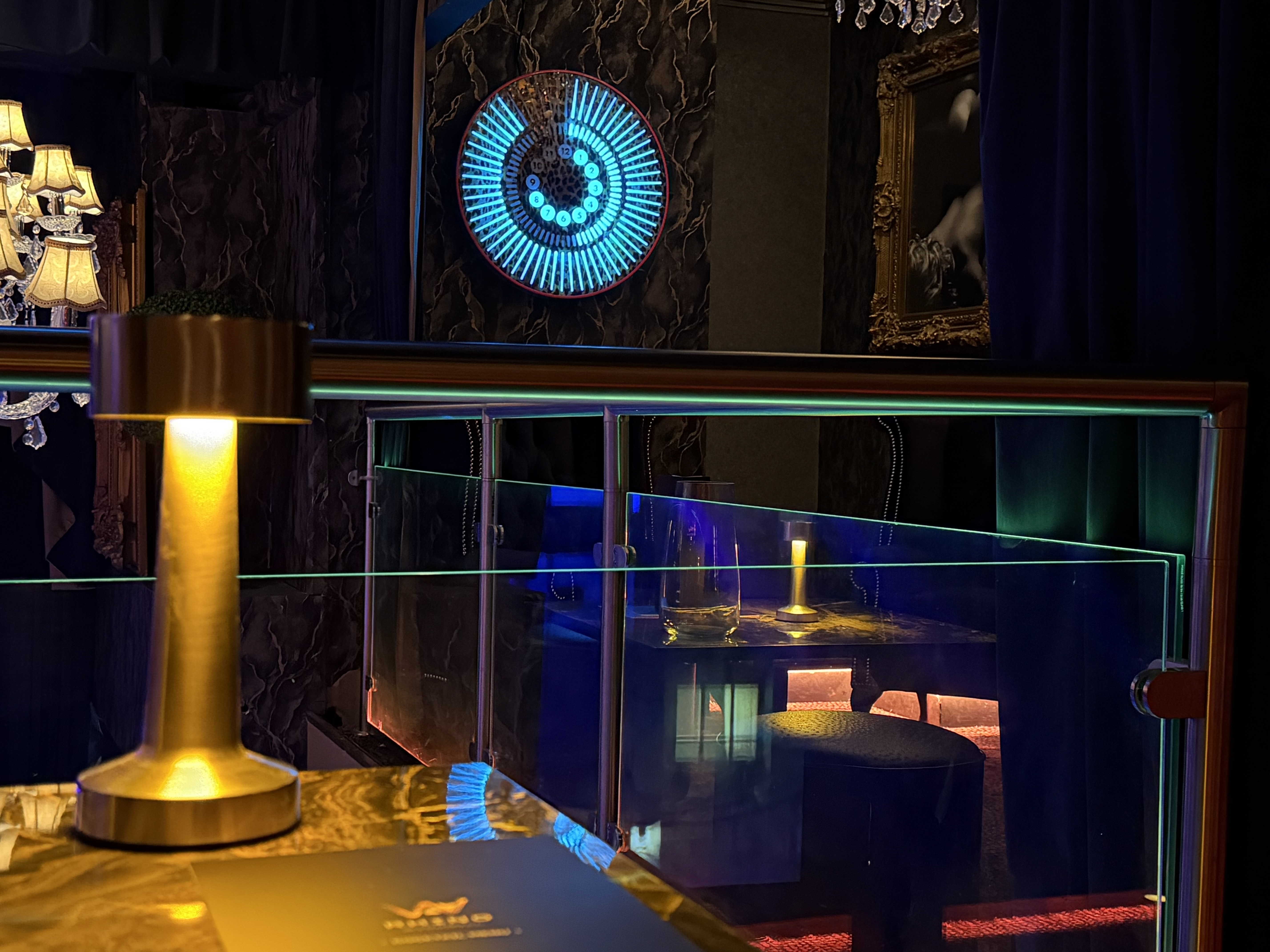 Tempus clock with Aqua lights in the VIP section of Spearmint Rhino Soho, London.