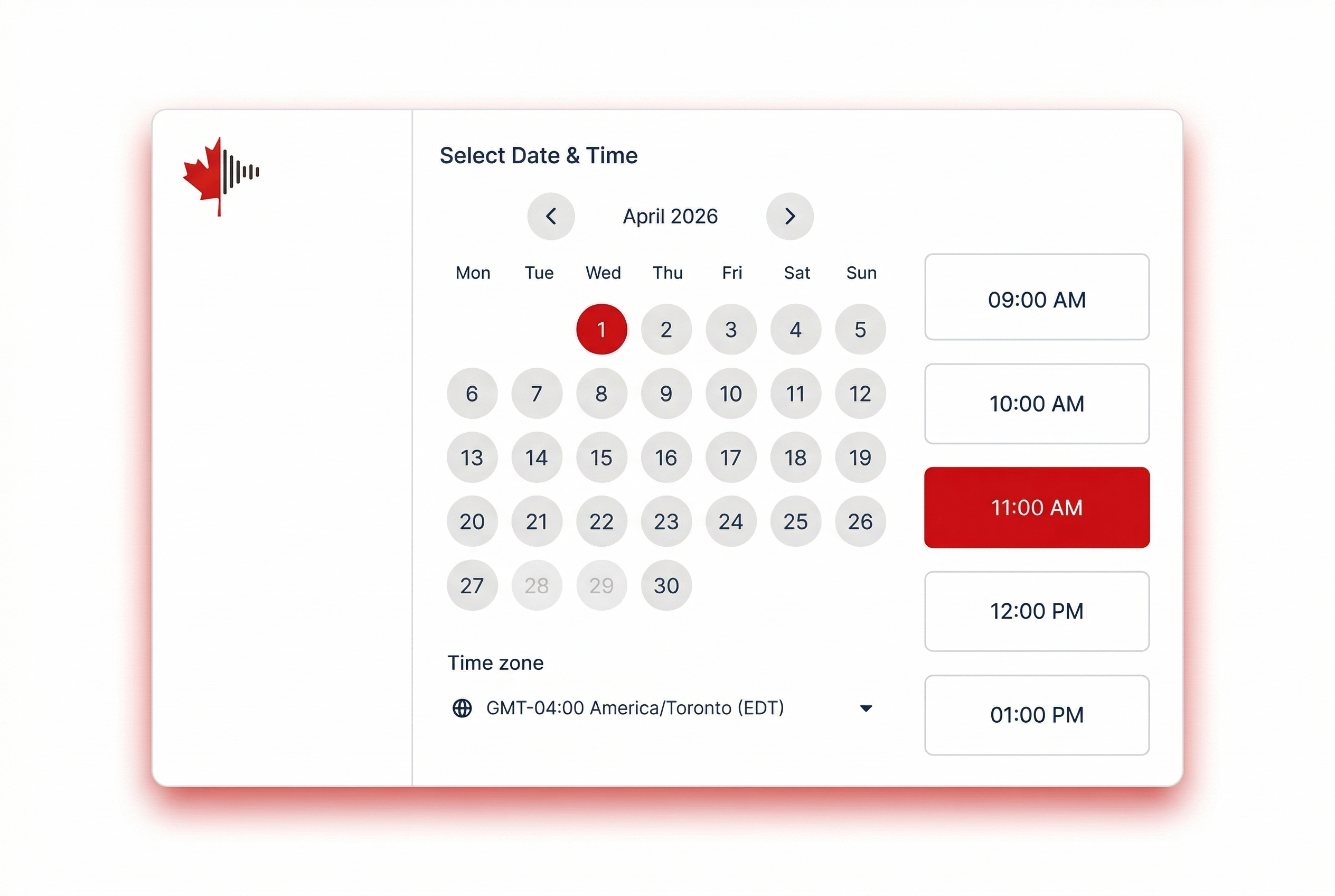 ROC-A exam online booking calendar showing date and time selection for aviation radio licence exam in Canada