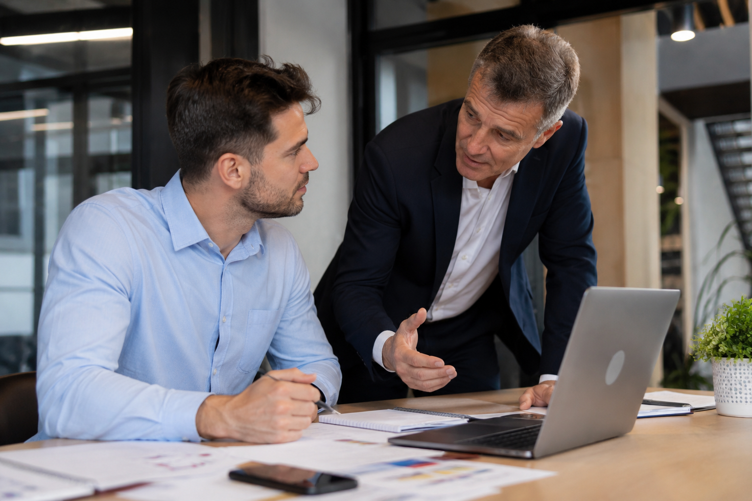 Canberra business owner coaching a team member during a planning session