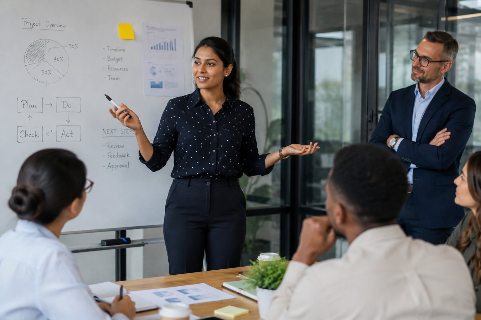 Team member confidently presenting ideas while business owner listens from the side.