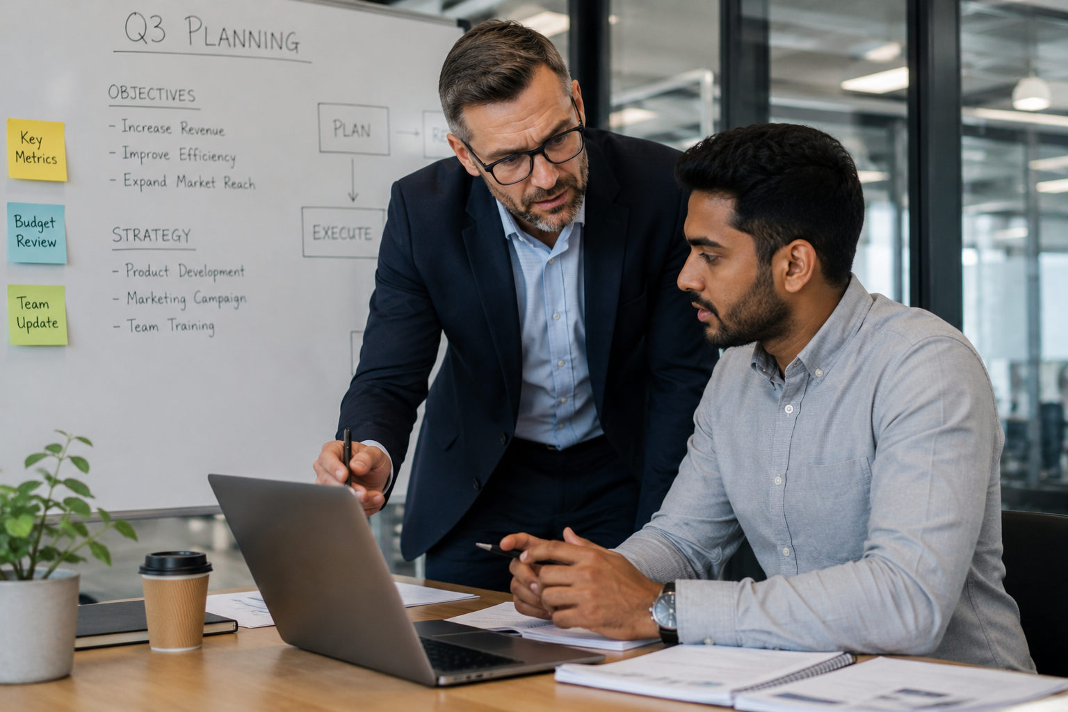 Business owner coaching a team member during a planning session.