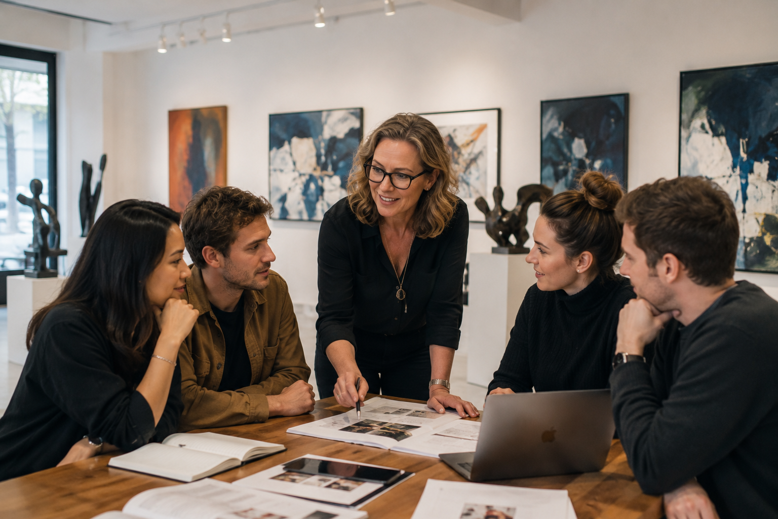 Business owner mentoring a small group of employees during a planning discussion.