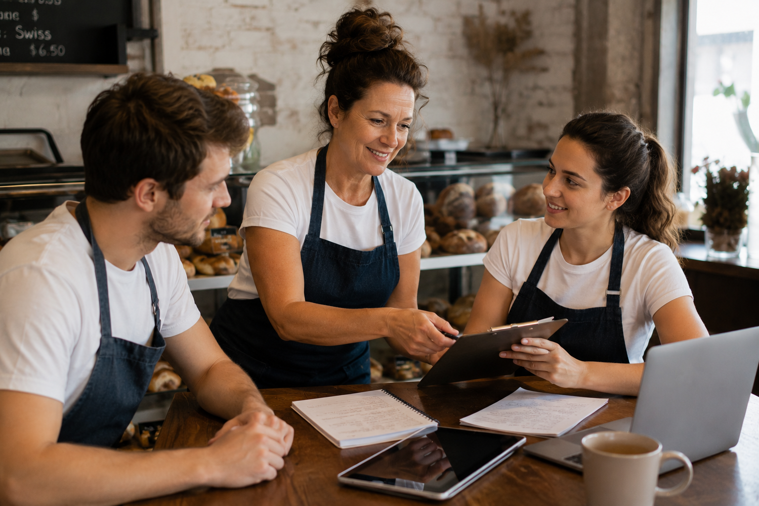 Business owner handing responsibility to a team member during a planning session. Business owner handing responsibility to a team member during a planning session.