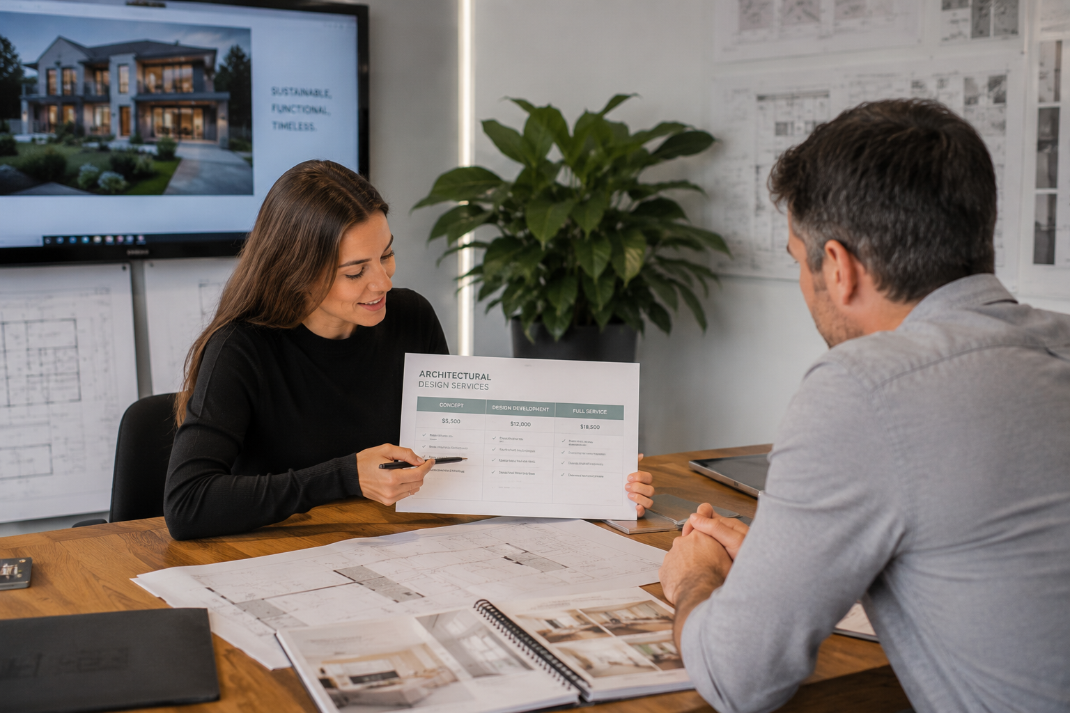 Team member discussing pricing options with a client while reviewing service packages. Team member discussing pricing options with a client while reviewing service packages.
