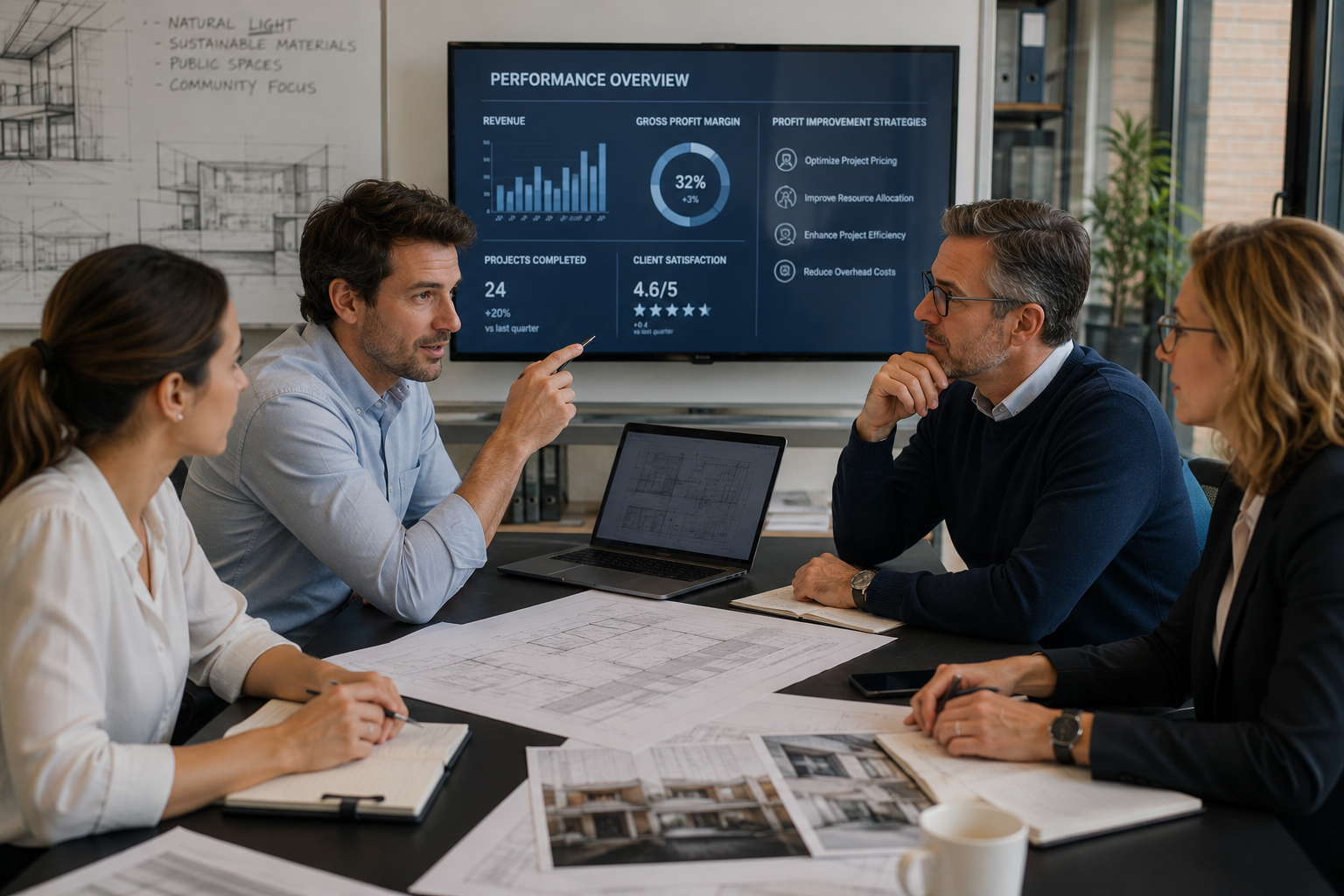 Business team reviewing profit and performance metrics together Business team reviewing profit and performance metrics together
