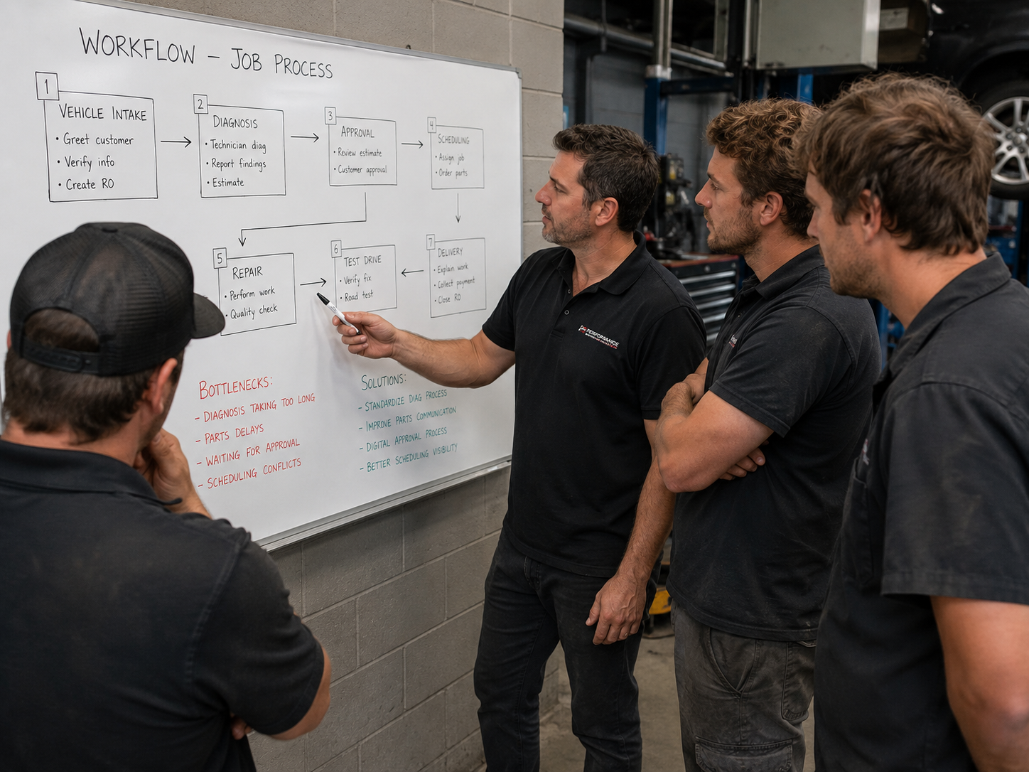 Team members reviewing a workflow process and identifying bottlenecks.
