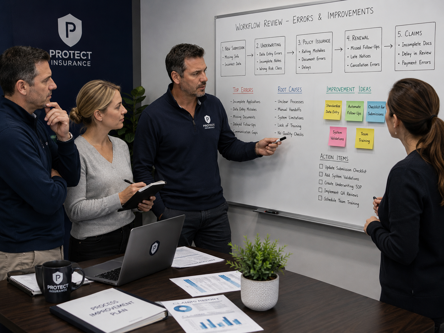 Team members reviewing workflow errors and identifying process improvements. Team members reviewing workflow errors and identifying process improvements.