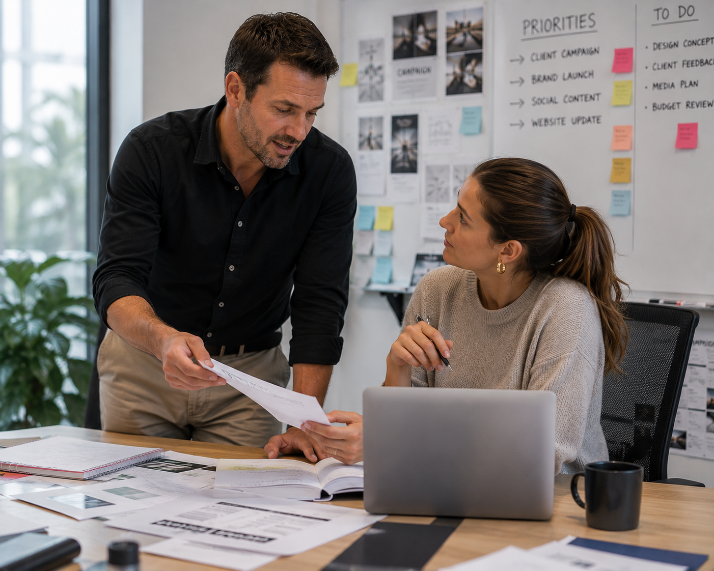 Business owner handing a task to a lady team member while discussing priorities.