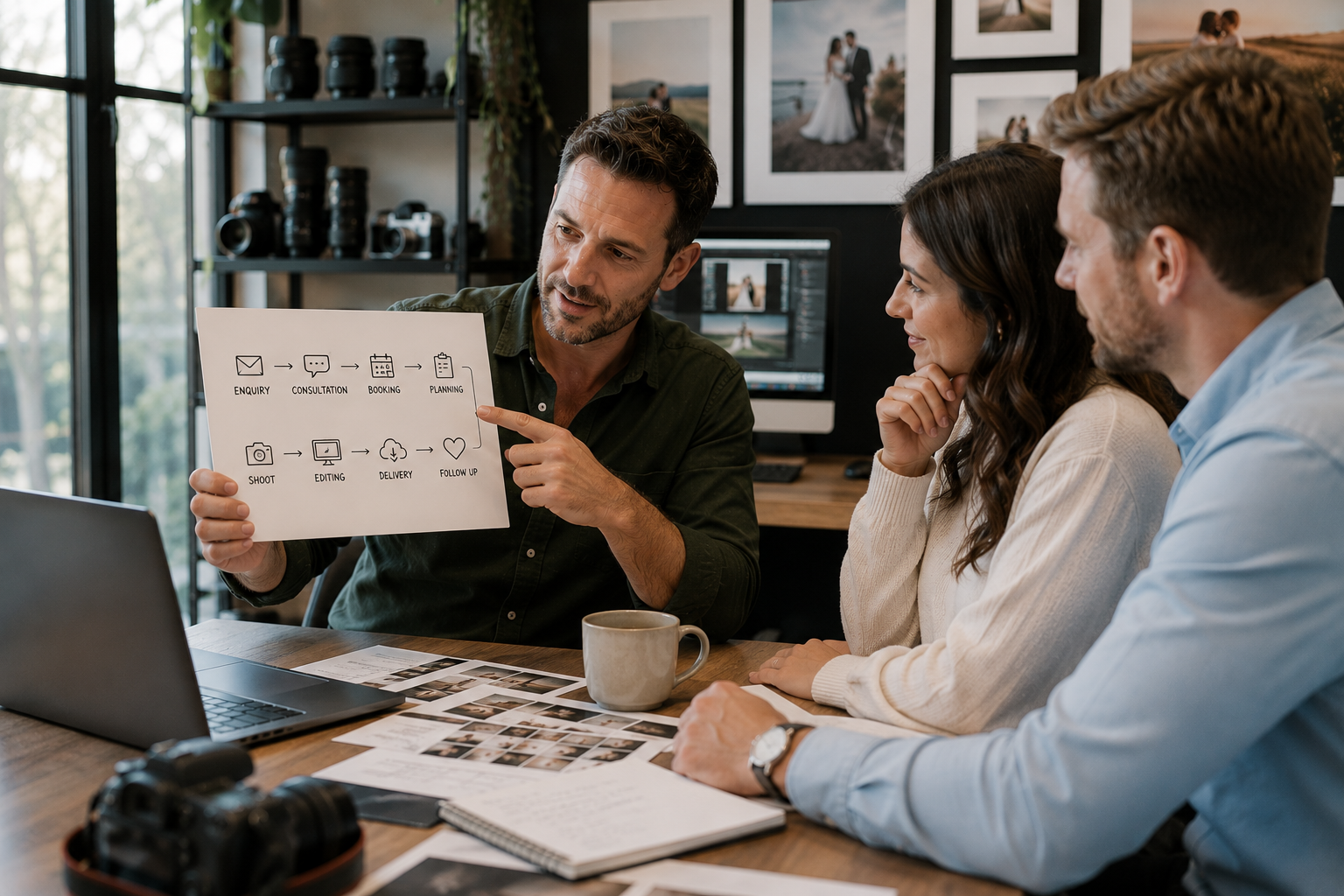 Simple flowchart showing how a wedding photography process moves from start to finish. Simple flowchart showing how a wedding photography process moves from start to finish.