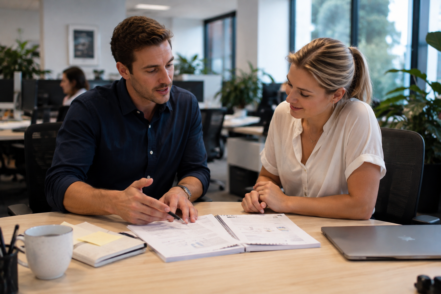 Two colleagues at a desk, one explaining something to the other with documents open.
