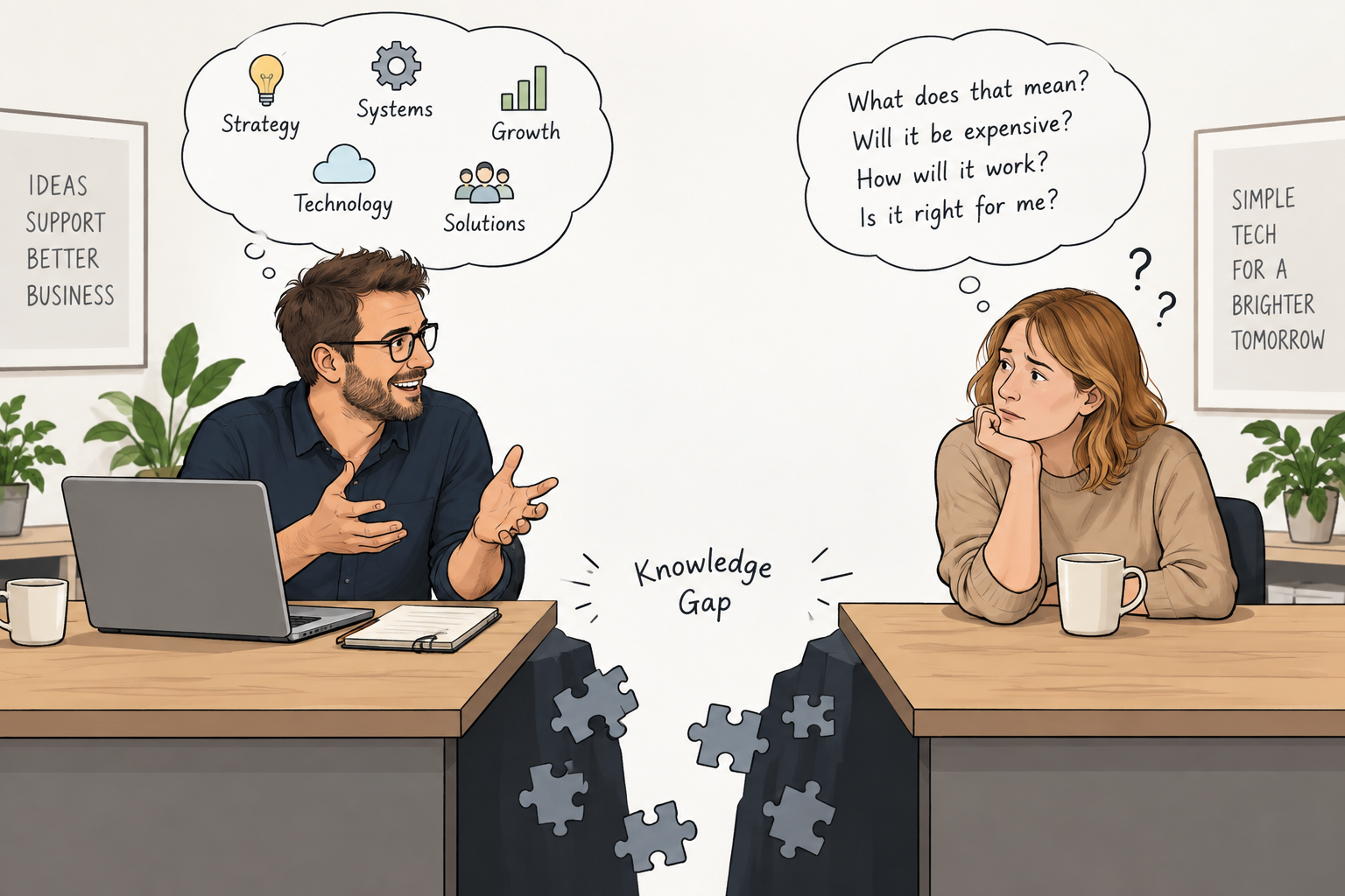 Illustration showing a knowledge gap between a business owner and their client