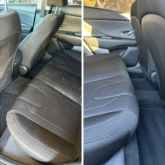 Side-by-side comparison showing a dirty car back seat before cleaning and the same seat spotless after professional interior detailing.