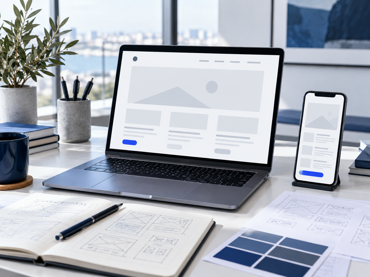 Laptop and smartphone displaying website layouts beside design sketches