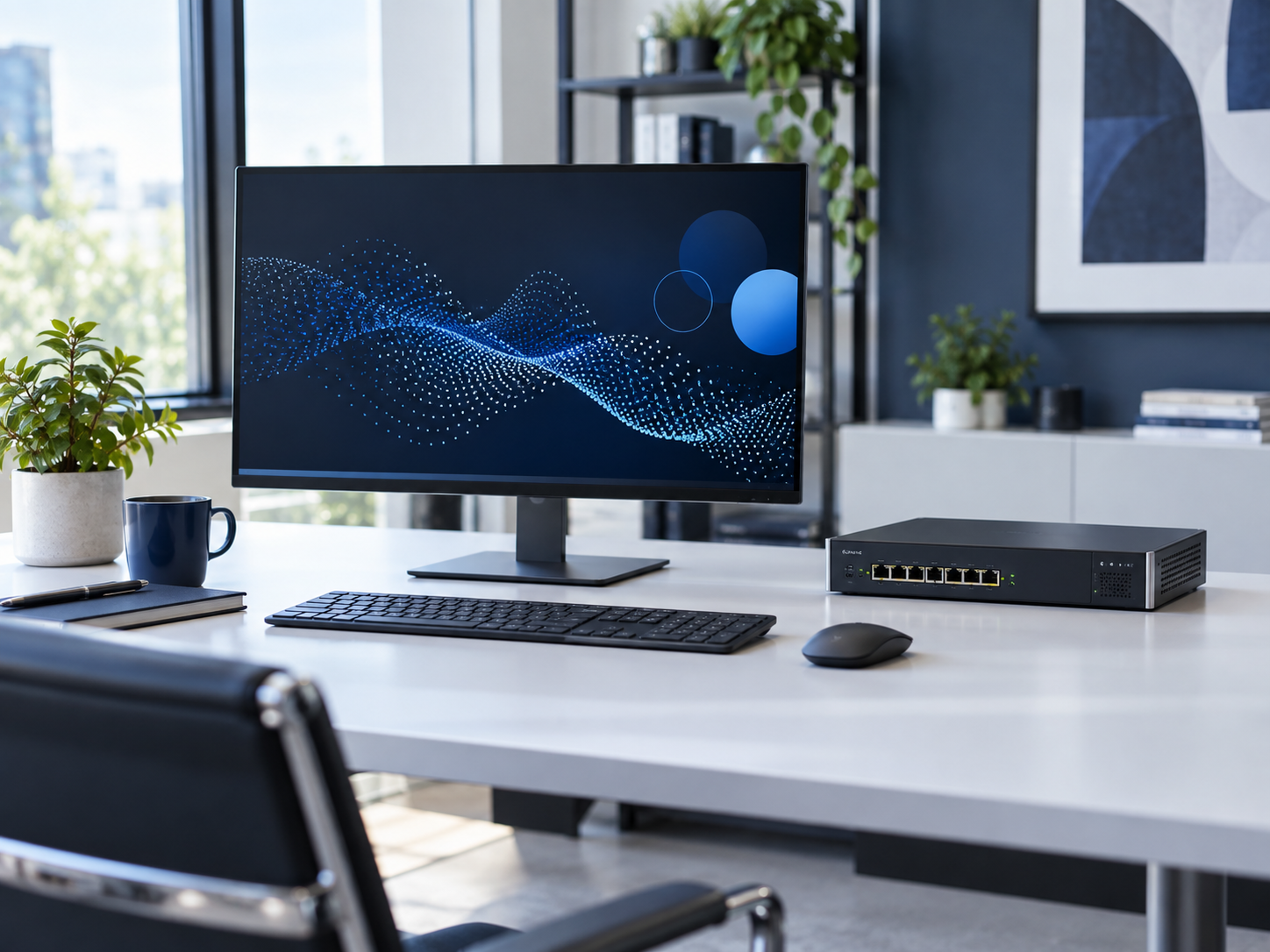Computer monitor and network equipment in a modern workspace