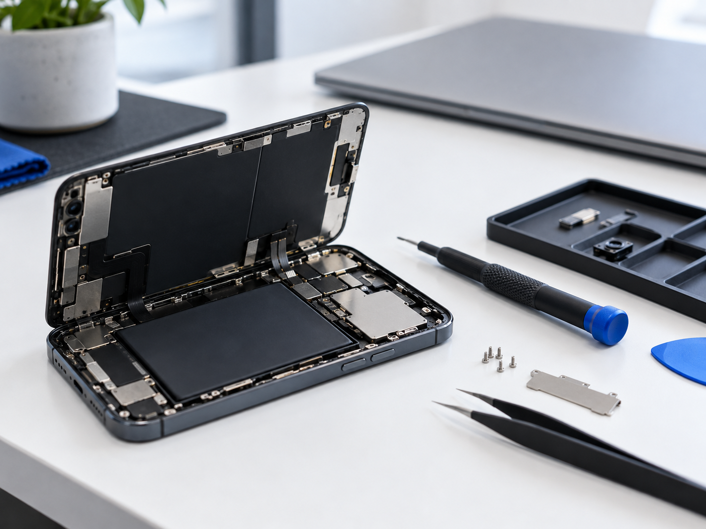 Opened smartphone with repair tools on a workbench