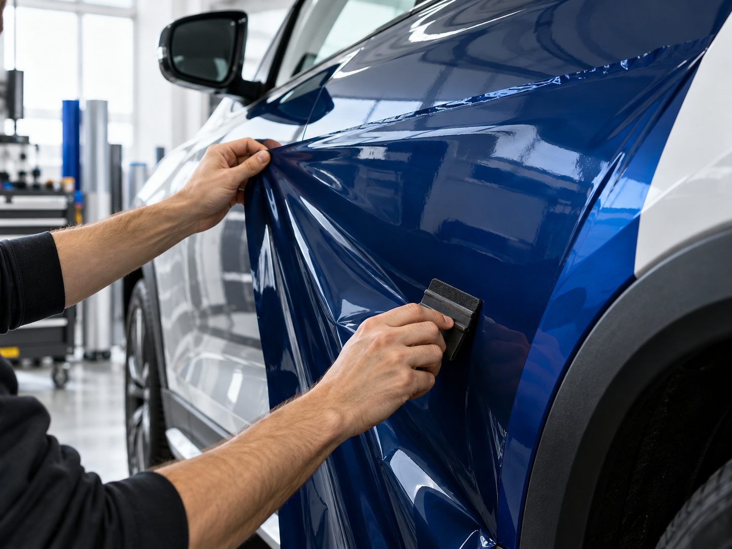 Technician applying blue vinyl wrap to a vehicle