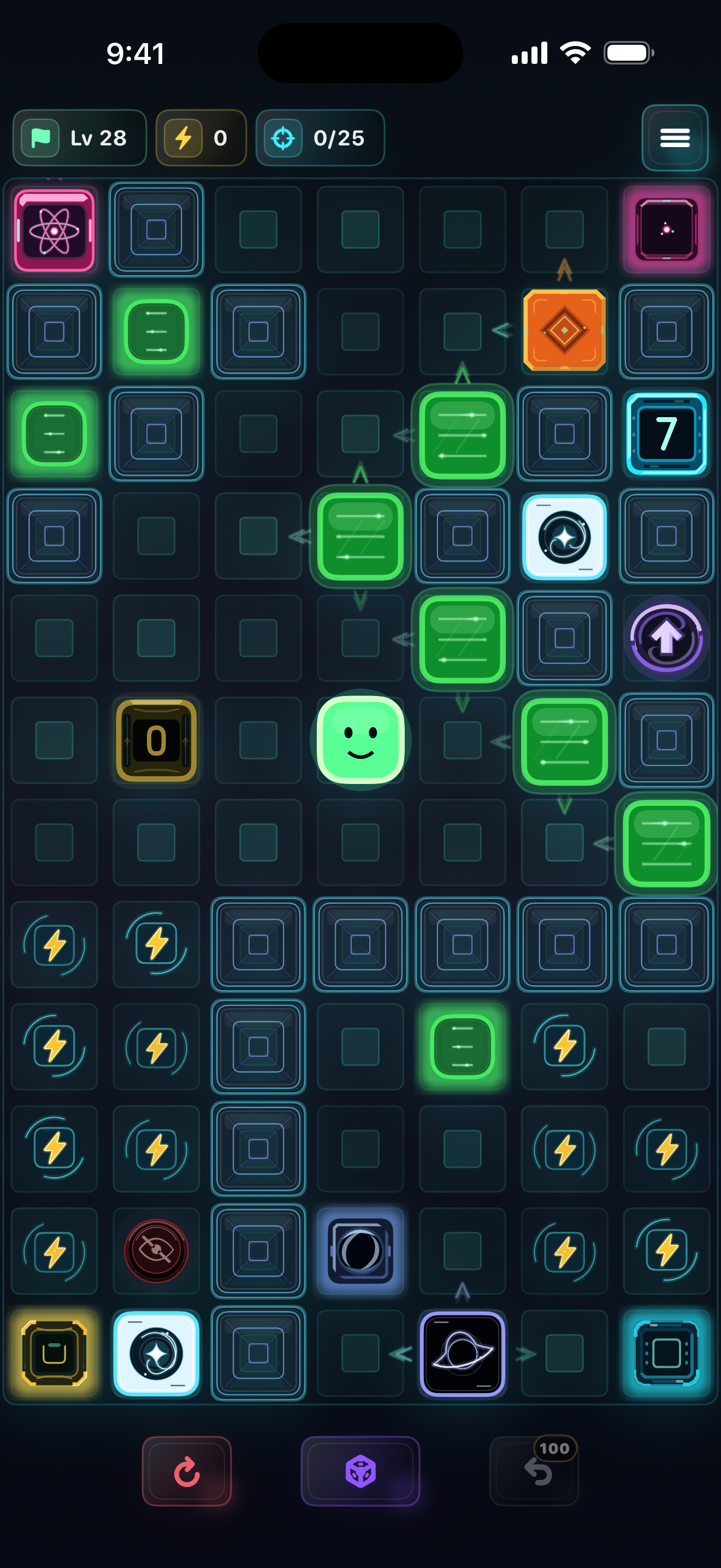 First dimension of level 28 with LED among orange, blue, white, pink, yellow, green, and black puzzle pieces