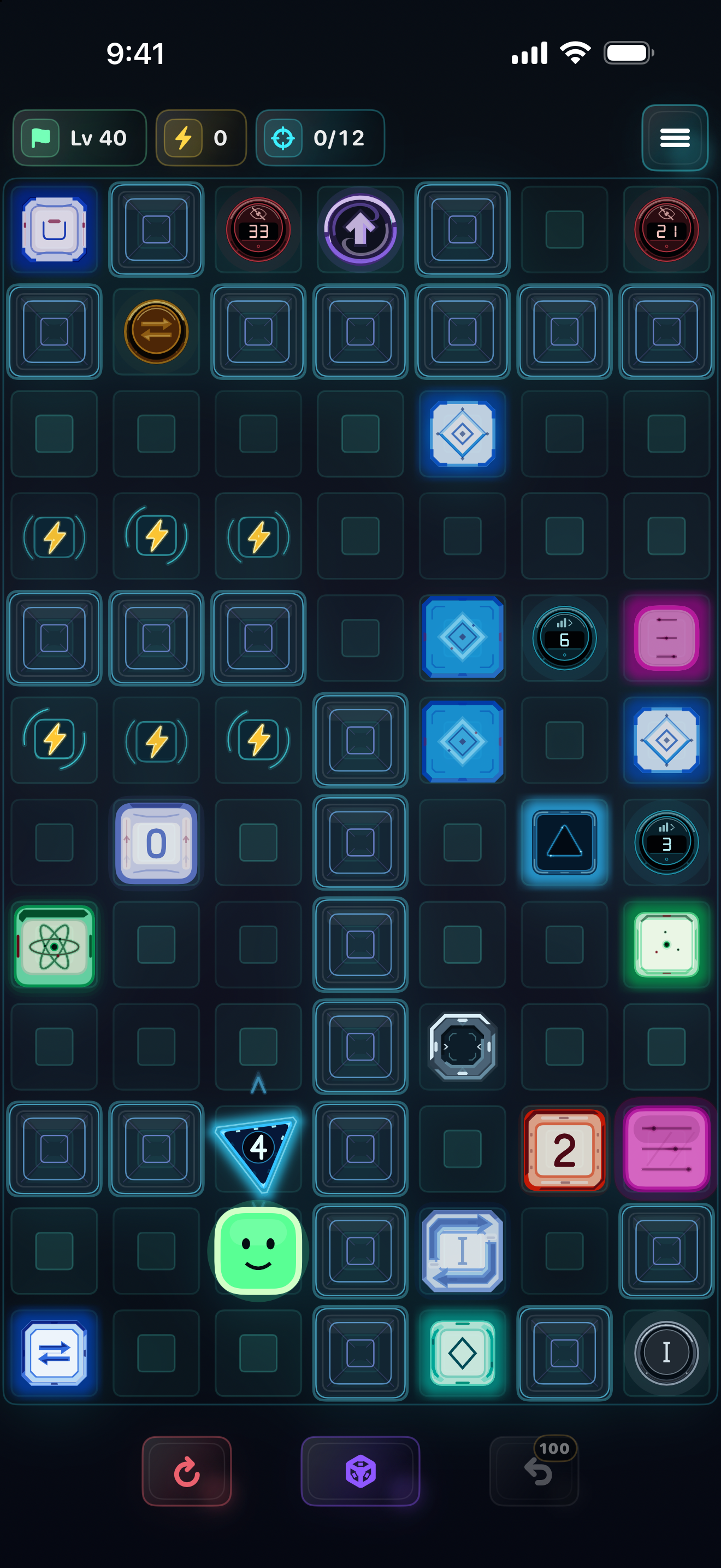 First dimension of level 40 with cubes, a blue triangle, sockets, switches, and LED