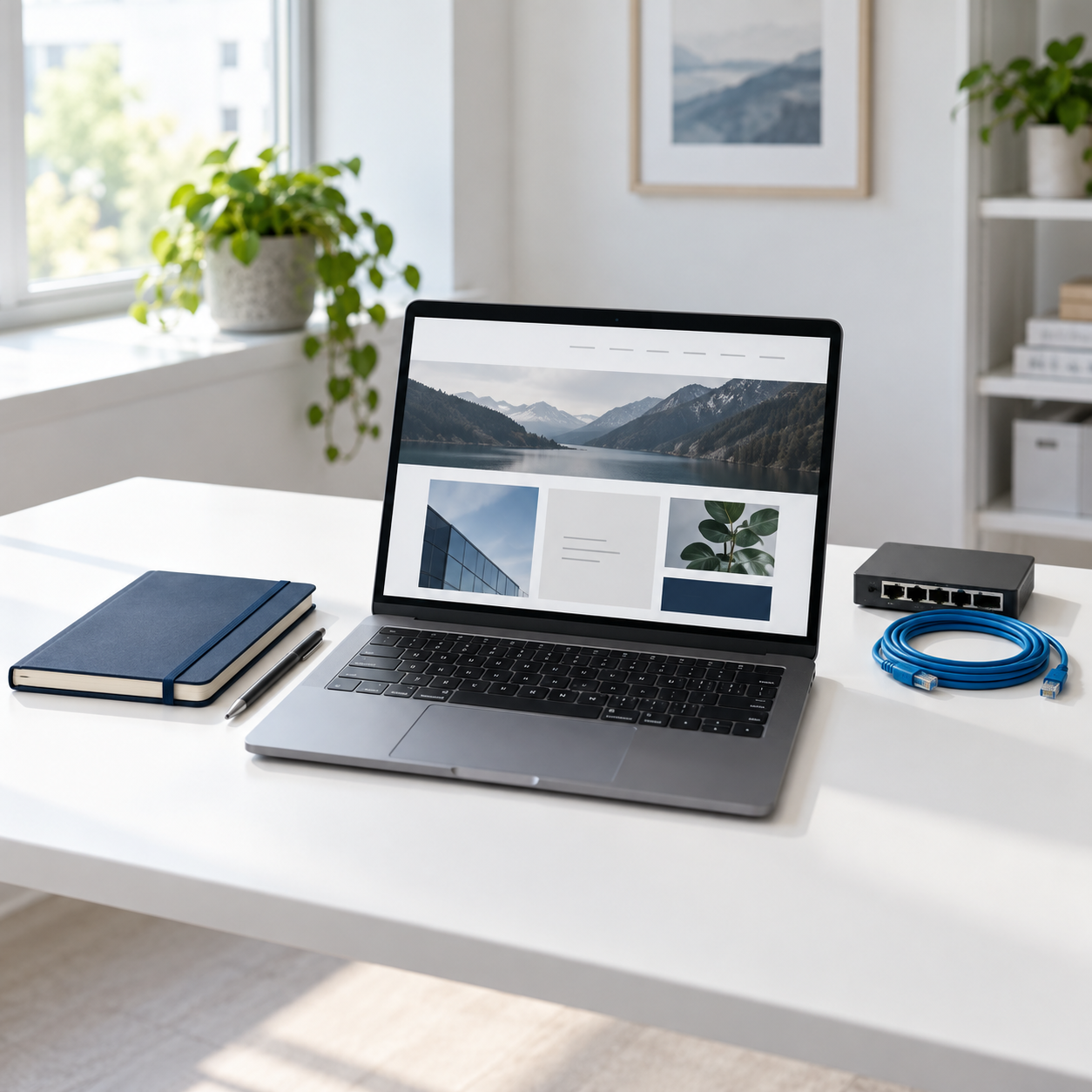 Modern workspace with a laptop, website design, and network equipment