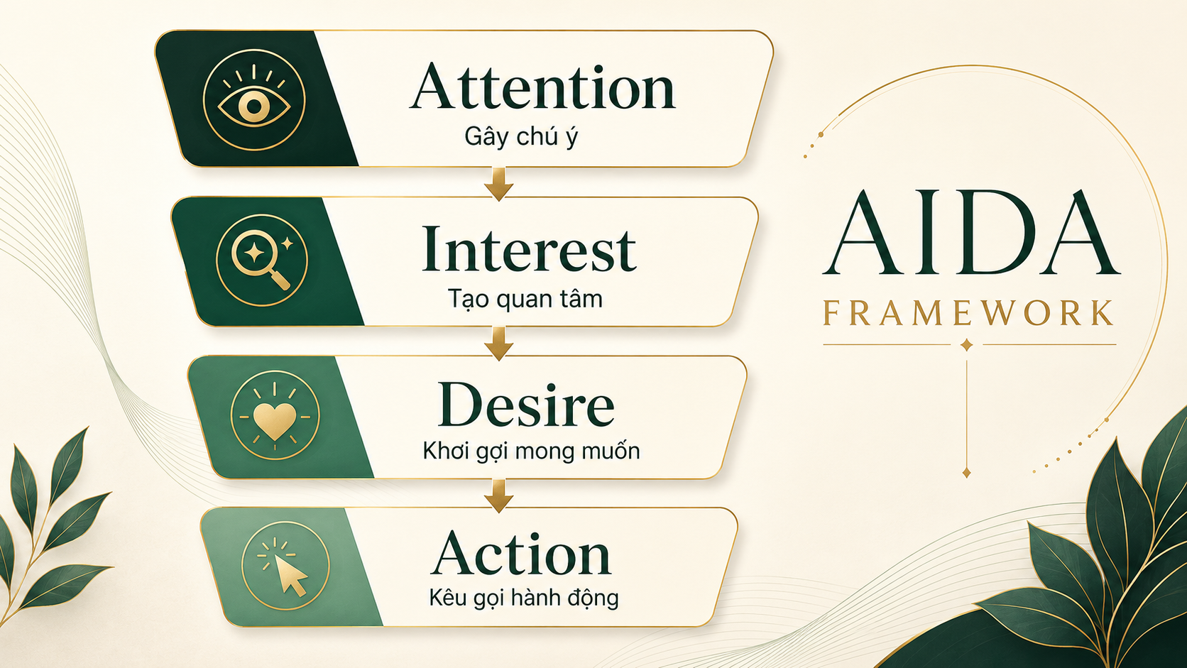 Công thức AIDA trong bán hàng gồm Attention Interest Desire và Action