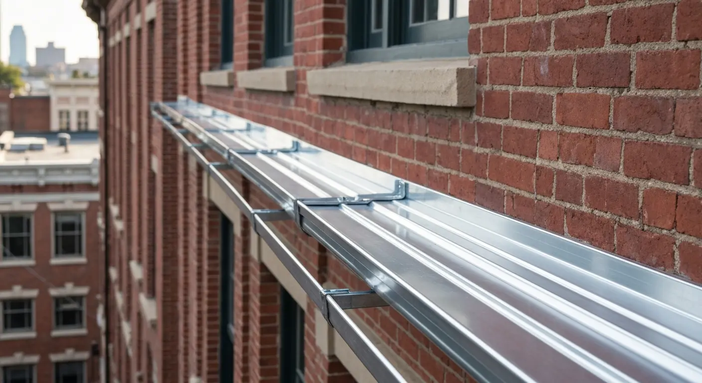 Seamless gutter installation on downtown building