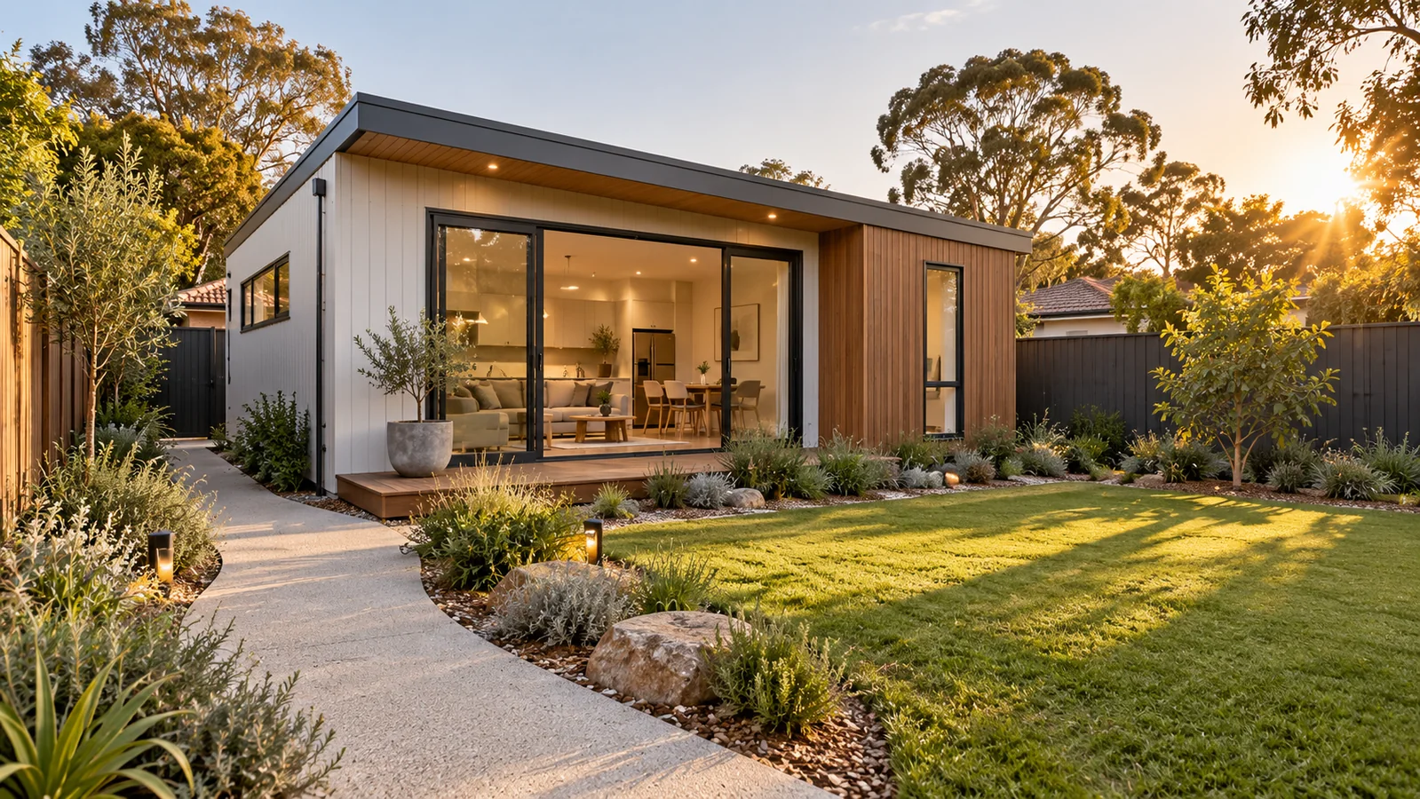 Contemporary secondary dwelling in a landscaped suburban garden