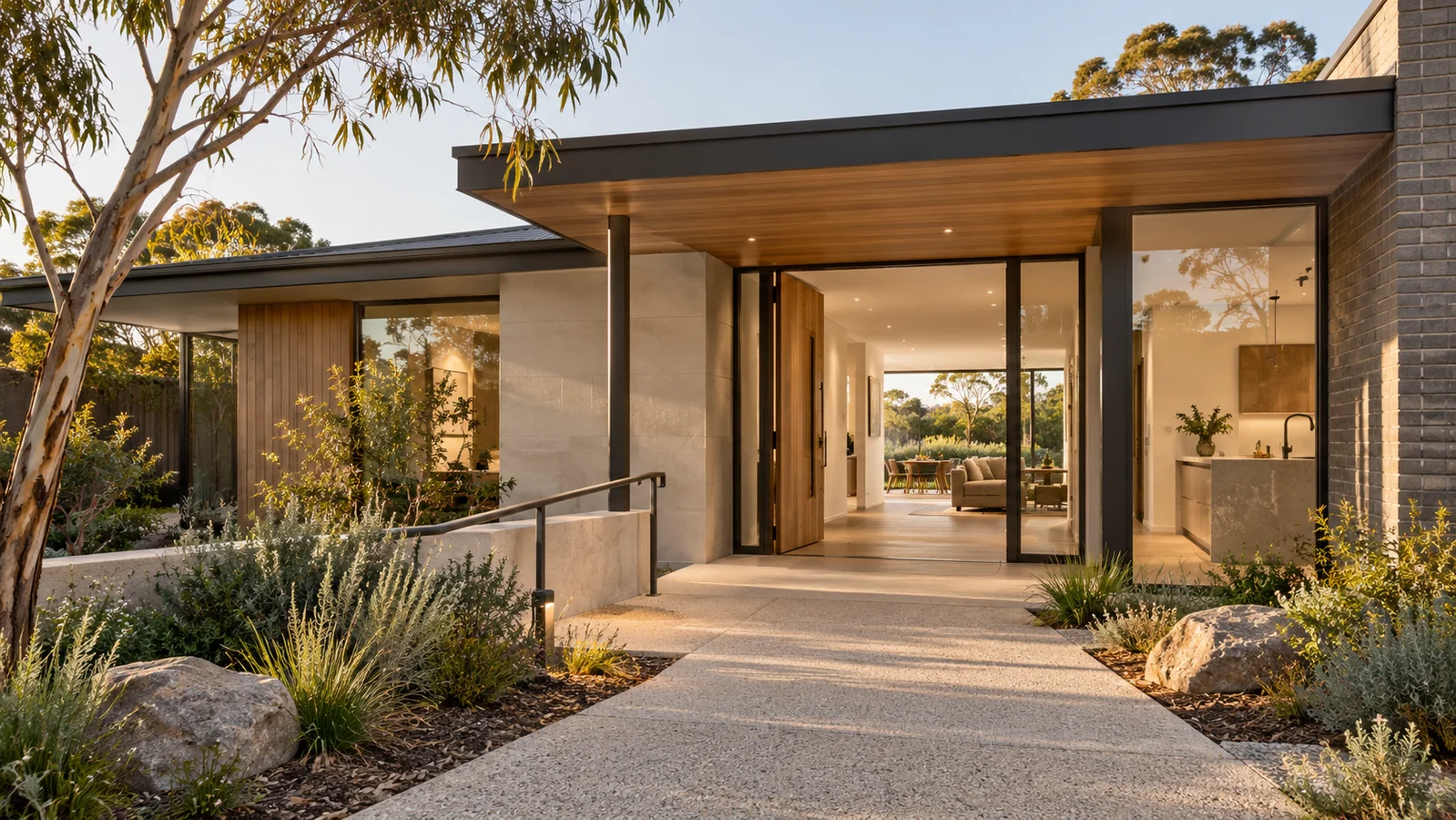 Contemporary accessible home with a step-free landscaped entrance