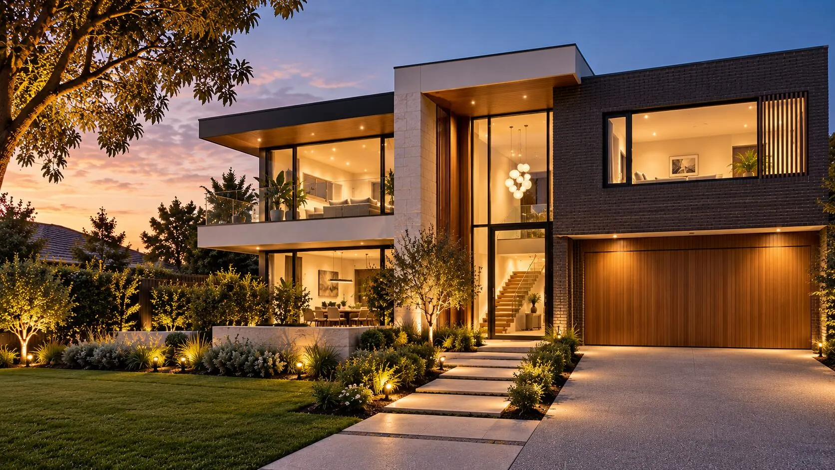 Contemporary home exterior at twilight