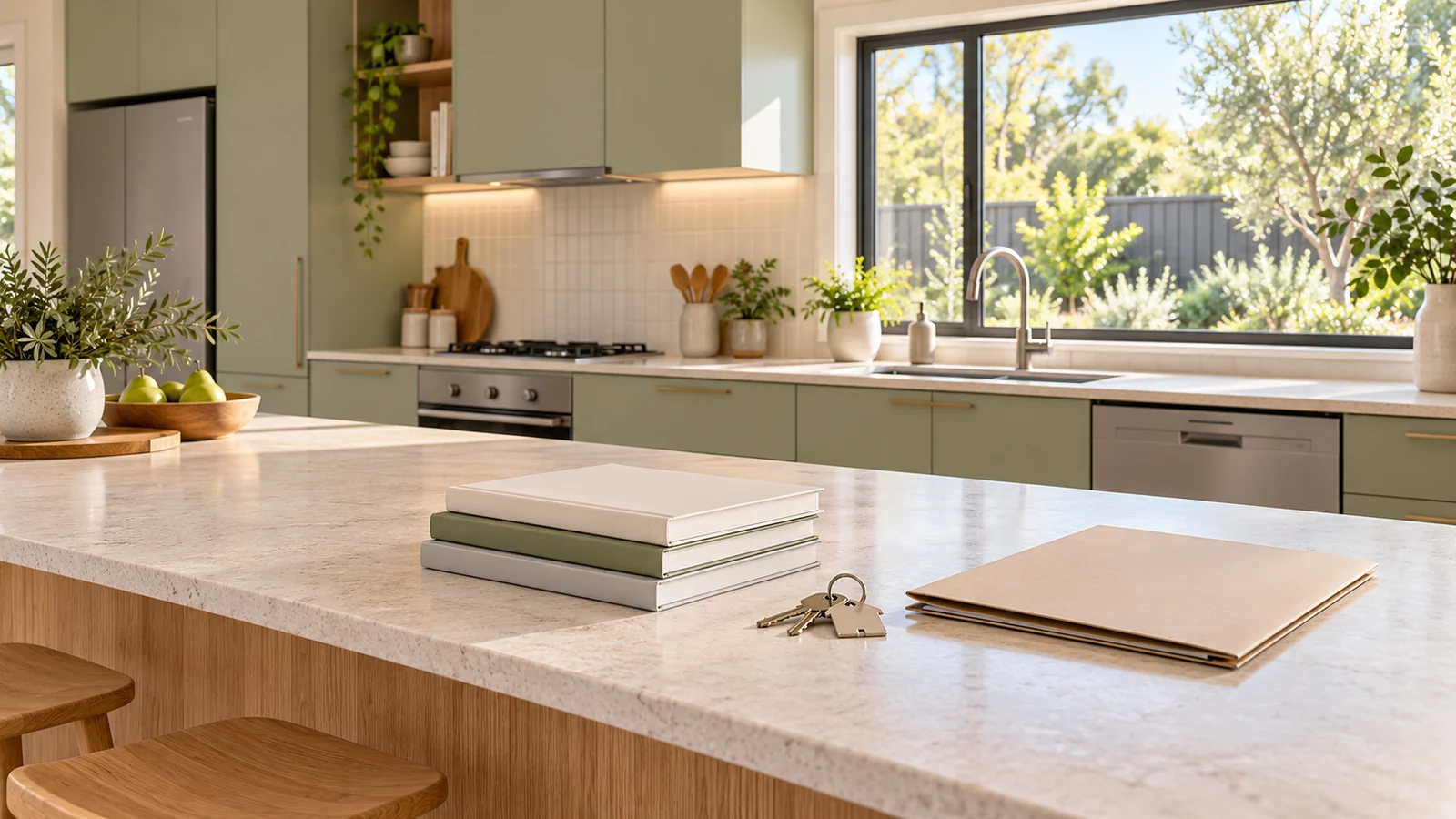 Modern Australian kitchen with plain manuals, keys and a handover folder on the island. Modern Australian kitchen with plain manuals, keys and a handover folder on the island.