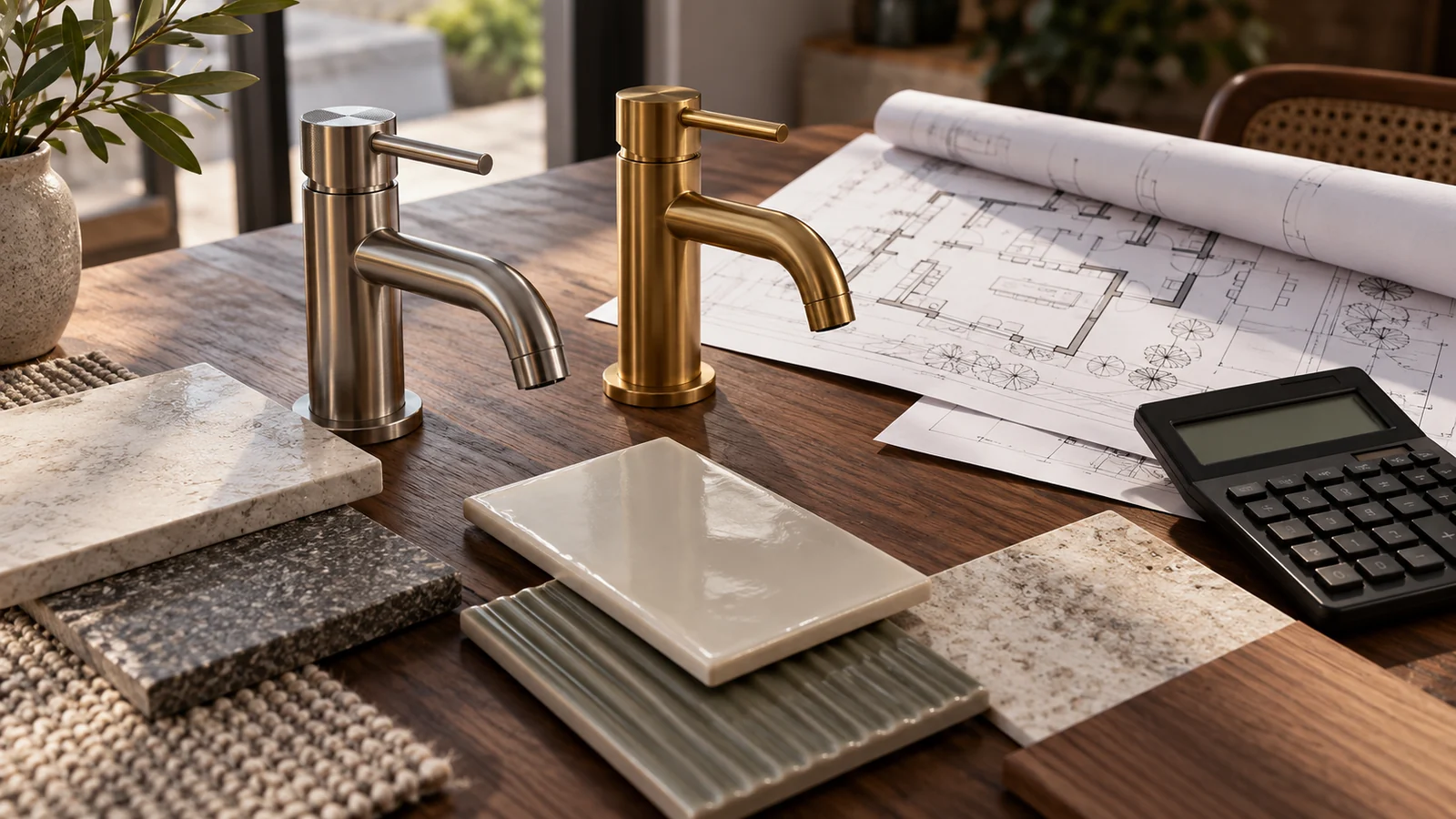 Design desk with alternative taps, tile samples, house plans and a calculator.