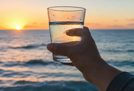 A glass of seawater held up against the ocean