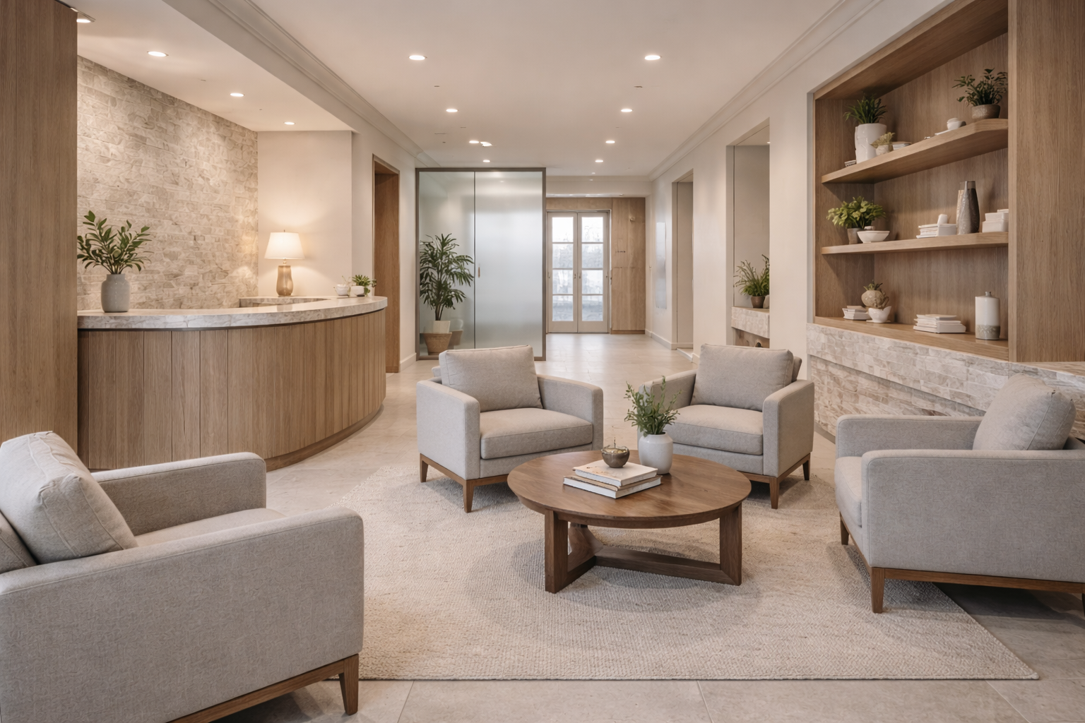 Modern regenerative health clinic reception area with premium interior design and welcoming atmosphere Modern regenerative health clinic reception area with premium interior design and welcoming atmosphere