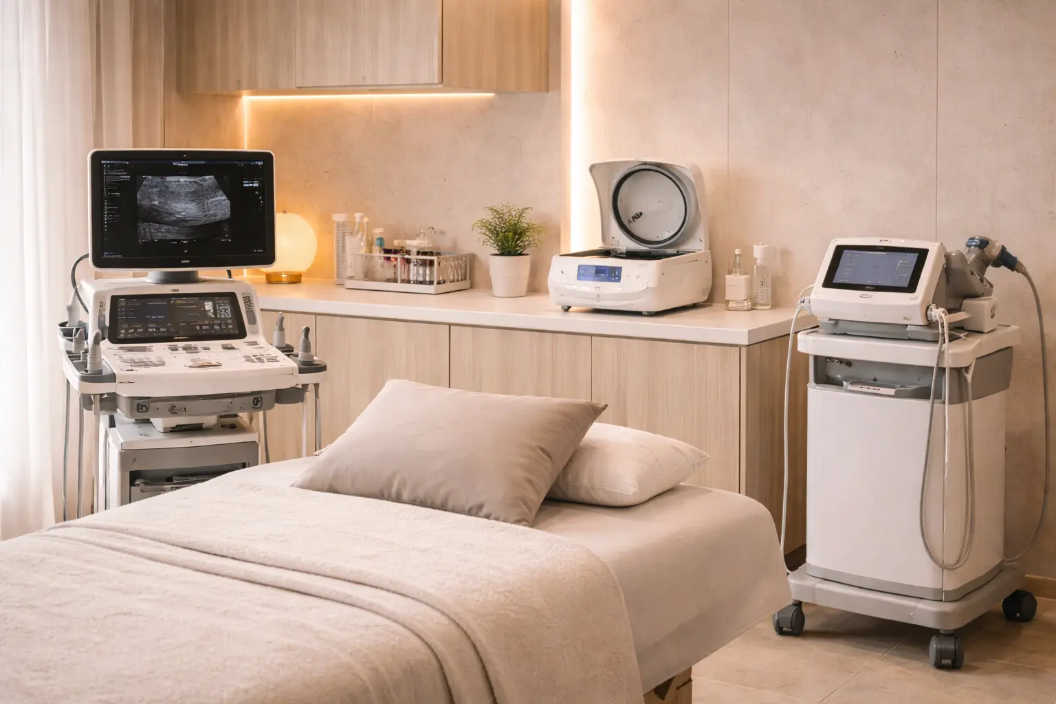 Regenerative joint clinic treatment room with PRP centrifuge and shockwave therapy equipment — the type of musculoskeletal clinic ACG helps entrepreneurs open