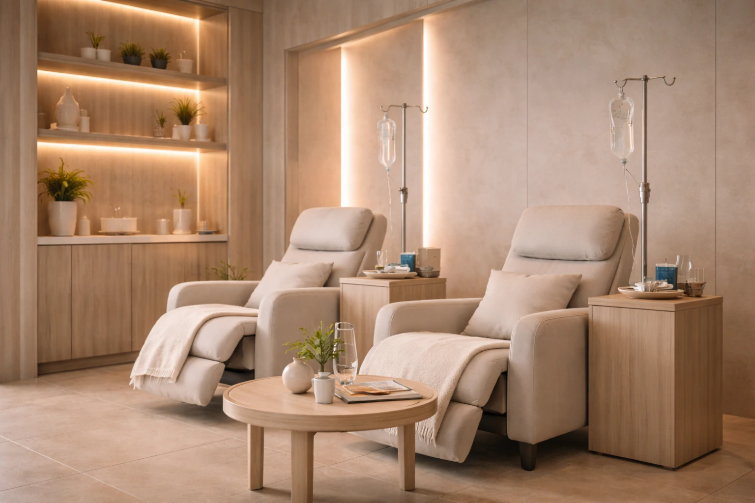 Premium longevity clinic infusion suite with reclining treatment chairs and IV drip stands — the type of clinic ACG helps entrepreneurs open