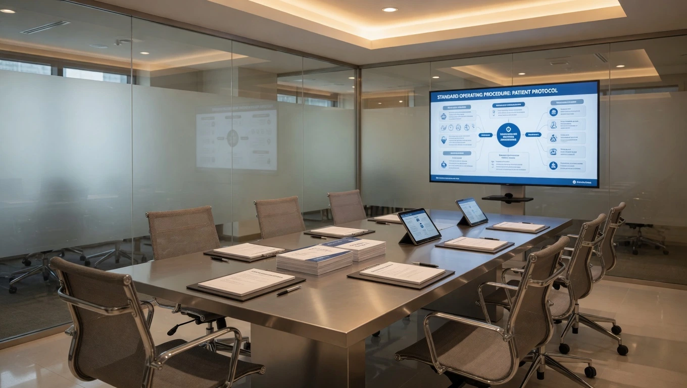 Clinical staff training room with protocol screen and conference setup — representing ACG's structured clinic staffing and training program