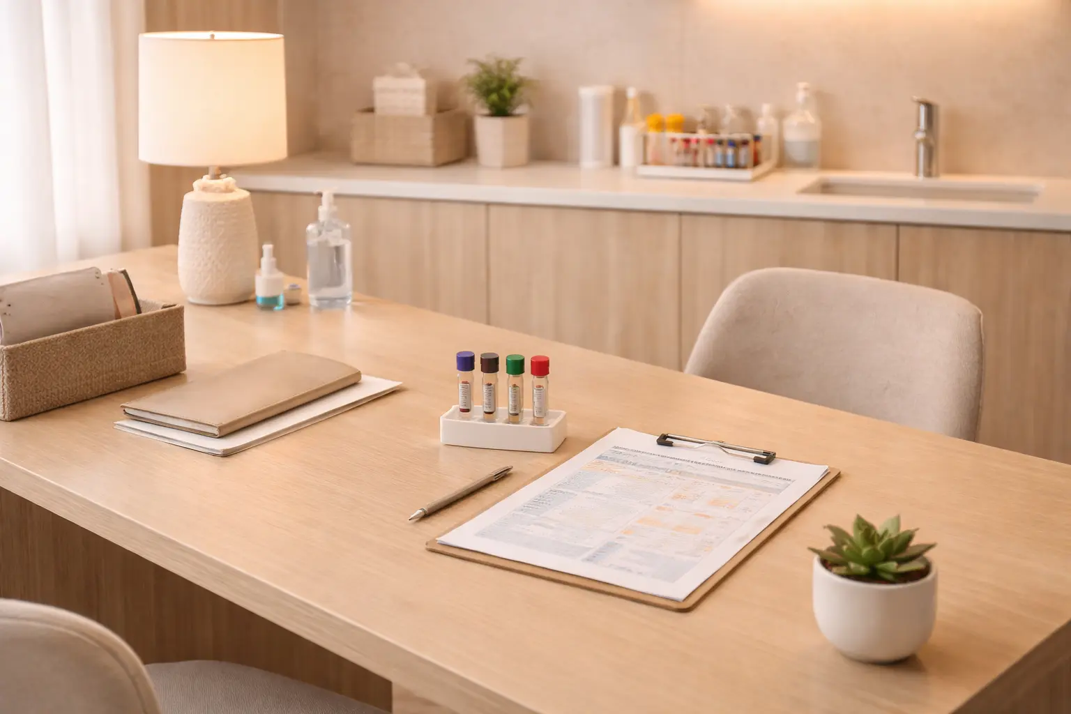 Private hormone optimization clinic consultation room with clinical lab setup — the type of clinic ACG helps entrepreneurs open for TRT, HRT, and BHRT