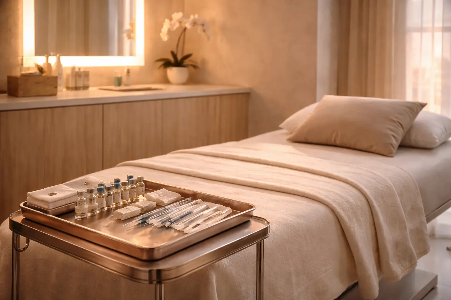 Luxurious medical aesthetics treatment suite with gold procedure tray, dermal filler vials, and orchid — the type of med spa ACG helps entrepreneurs open